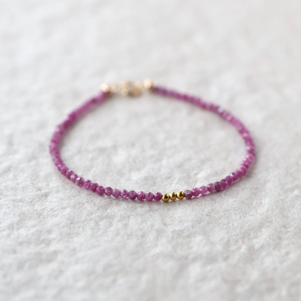 Tiny Ruby Bracelet Dainty Beaded Jewelry Minimalist July Birthstone Crystal Birthday Gift for Women 40th Anniversary Gift for Wife