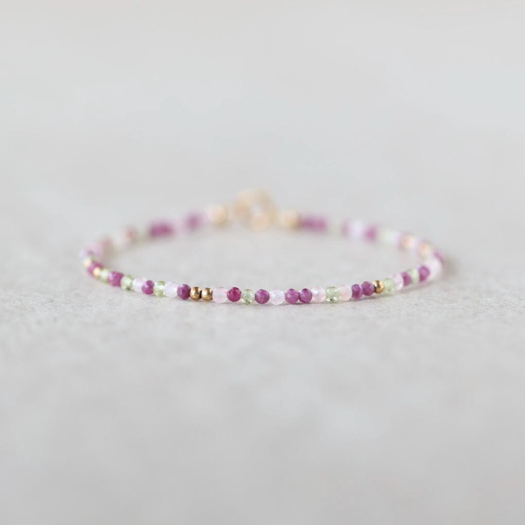 Tiny Ruby Bracelet Dainty Gemstone Beaded Jewelry Minimalist Crystal Bracelet Gold Filled Rose Quartz Peridot Birthday Gift Mom Wife
