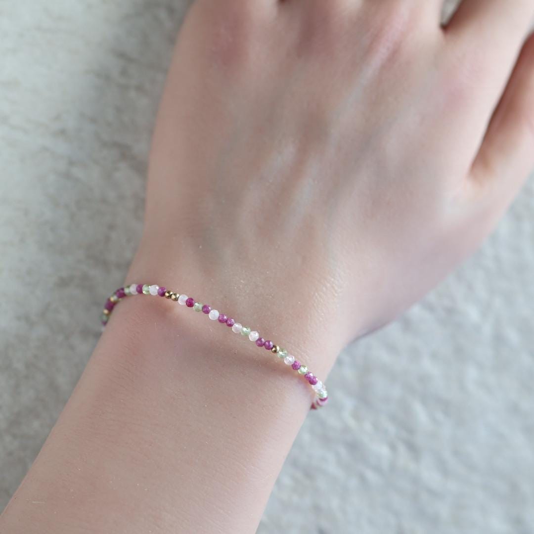 Tiny Ruby Bracelet Dainty Gemstone Beaded Jewelry Minimalist Crystal Bracelet Gold Filled Rose Quartz Peridot Birthday Gift Mom Wife