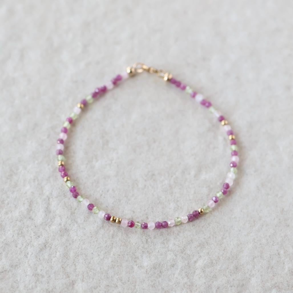 Tiny Ruby Bracelet Dainty Gemstone Beaded Jewelry Minimalist Crystal Bracelet Gold Filled Rose Quartz Peridot Birthday Gift Mom Wife