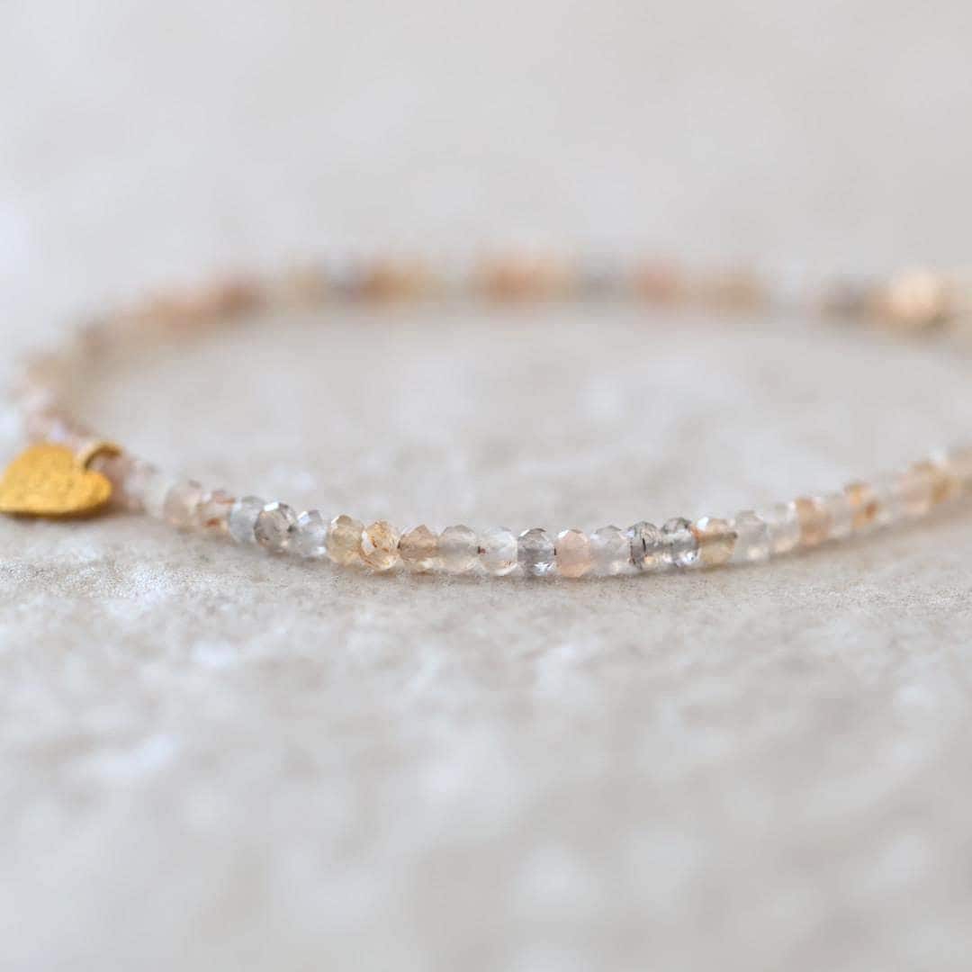 Tiny Sunstone and Moonstone Bracelet with Heart Charm