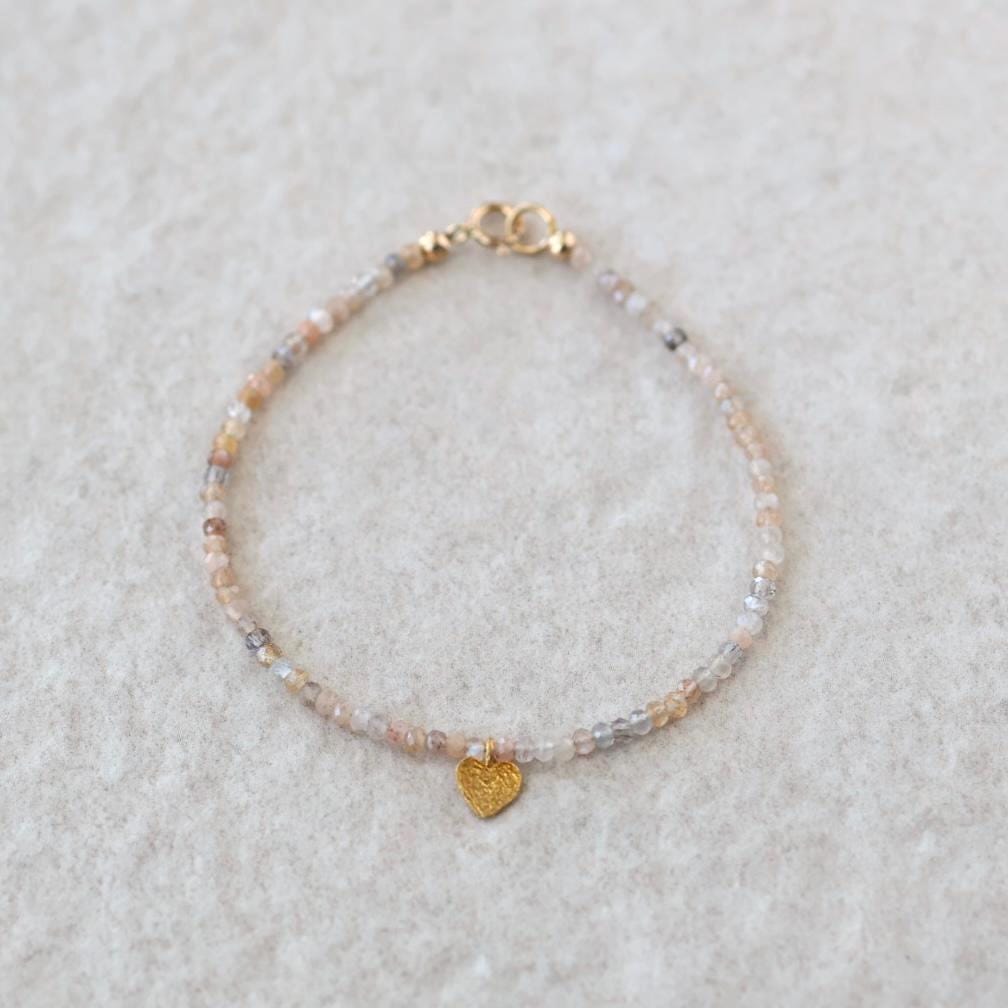 Tiny Sunstone and Moonstone Bracelet with Heart Charm