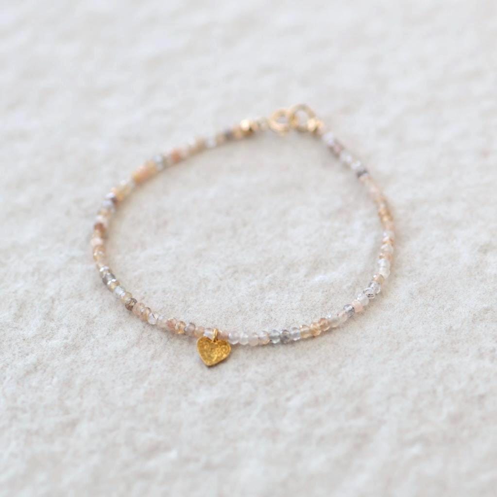 Tiny Sunstone and Moonstone Bracelet with Heart Charm