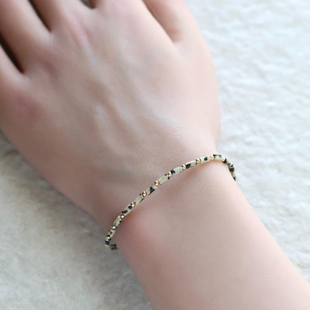 Tiny Dalmatian Jasper Bracelet Dainty Spotted Jasper Gemstone Beaded Bracelet Trendy Crystal Jewelry Minimalist Birthday for Women Sister
