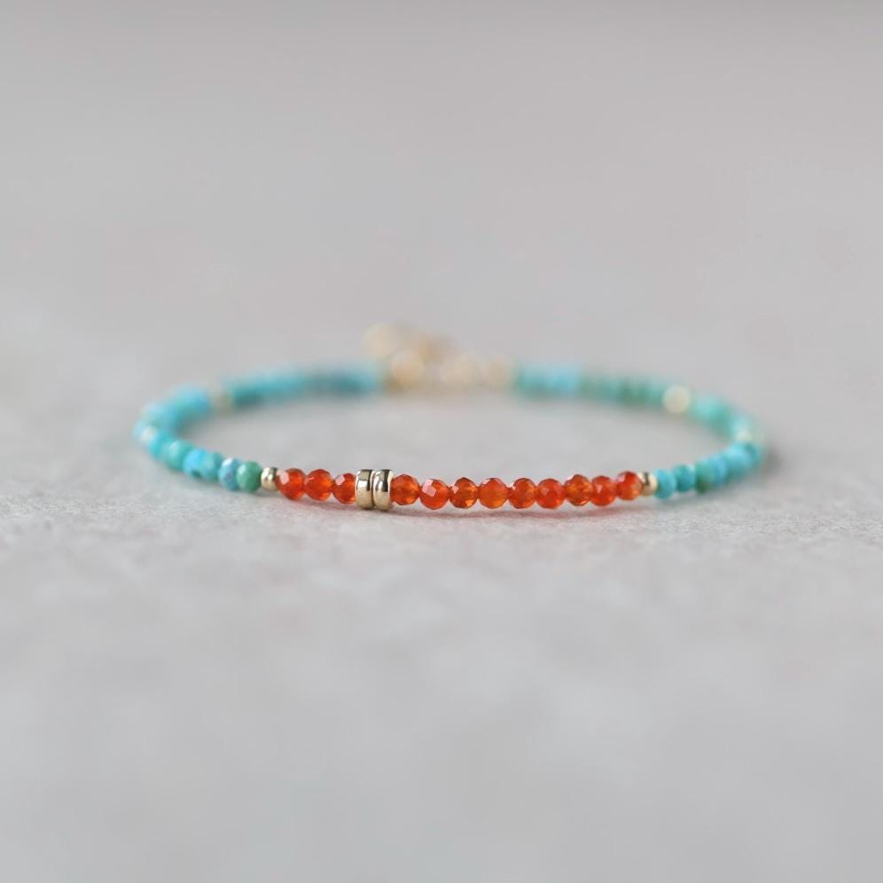 Tiny Turquoise Bracelet Dainty Carnelian Jewelry Minimalist Gold Filled December Birthstone Birthday Gift Valentines Wife Girlfriend Mom