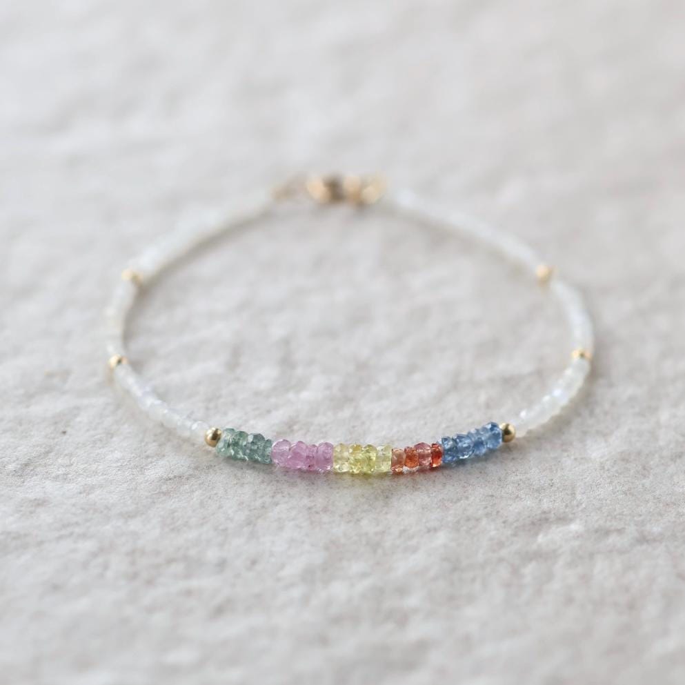 Tiny Multi Sapphire Bracelet Dainty White Moonstone Gemstone Beaded Bracelet Rainbow Jewelry Minimalist September Birthstone Birthday Gift