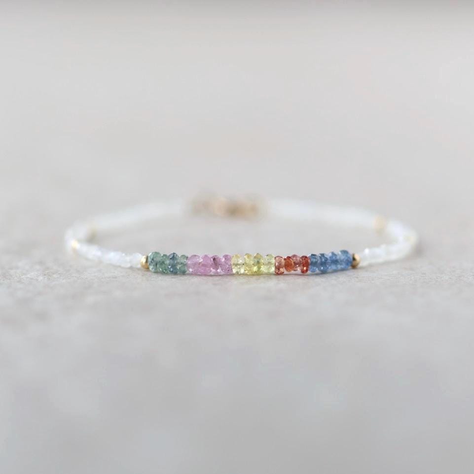 Tiny Multi Sapphire Bracelet Dainty White Moonstone Gemstone Beaded Bracelet Rainbow Jewelry Minimalist September Birthstone Birthday Gift