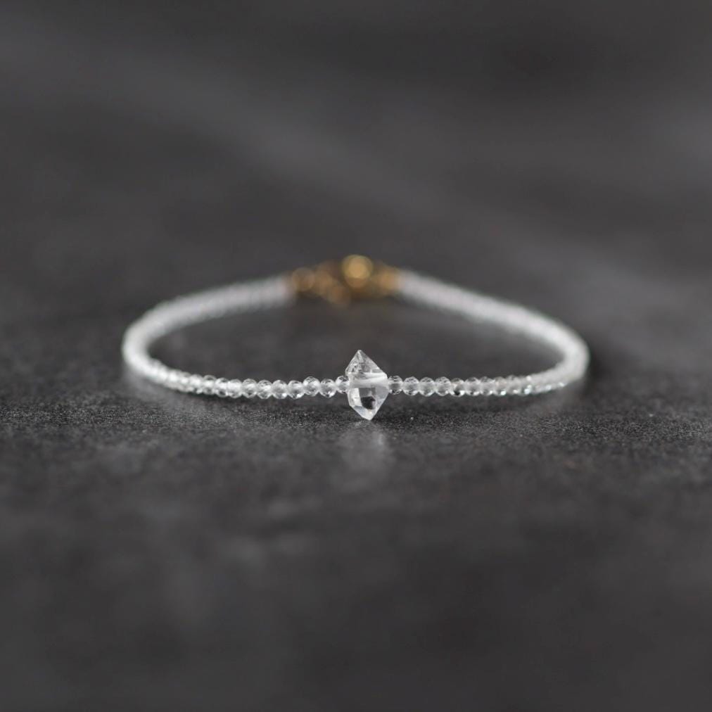 Tiny Herkimer Diamond Bracelet Topaz Dainty Beaded Gemstone Bracelet Minimalist Jewelry April Birthstone Birthday Gift Mom Wife Bridesmaid