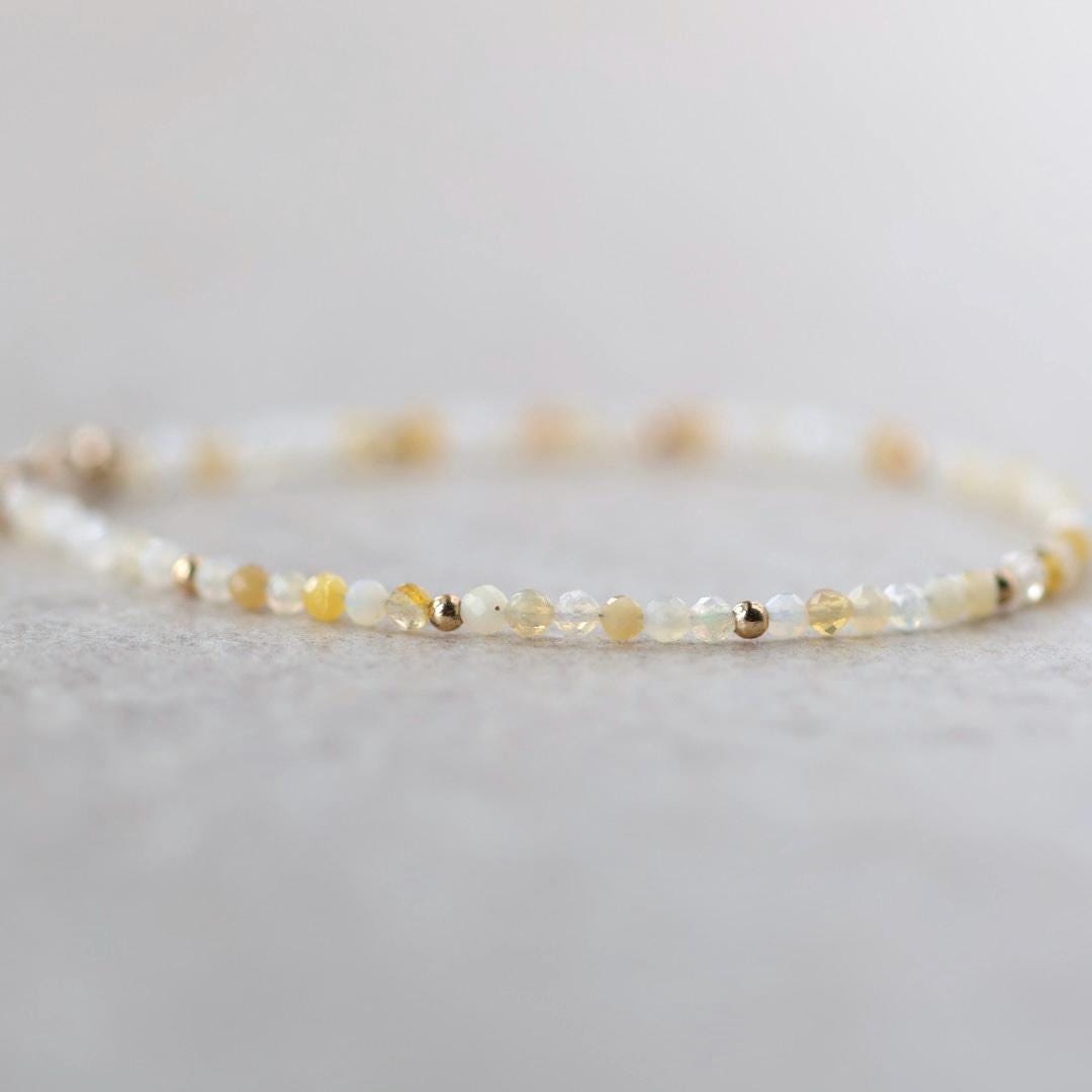 Yellow Opal Bracelet Dainty Gemstone Beaded Jewelry Minimalist October Birthstone Mom Birthday Gift 14th Anniversary Wife