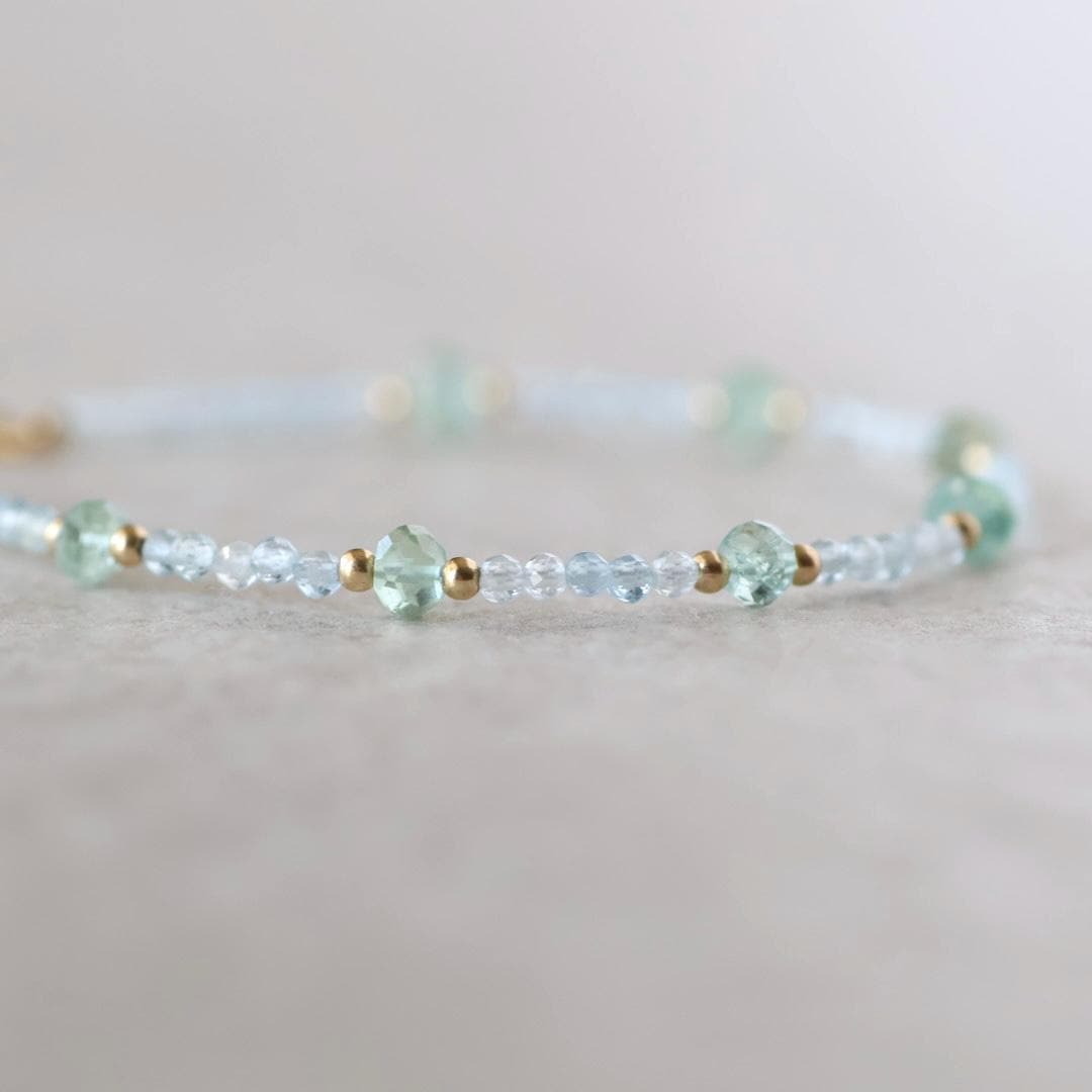 Tiny Moss Aquamarine Bracelet Dainty Gemstone Beaded Bracelet Blue Crystal Minimalist Jewelry March Birthstone Birthday Gift for Women