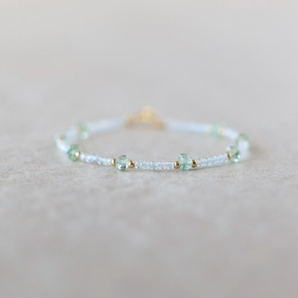 Tiny Moss Aquamarine Bracelet Dainty Gemstone Beaded Bracelet Blue Crystal Minimalist Jewelry March Birthstone Birthday Gift for Women