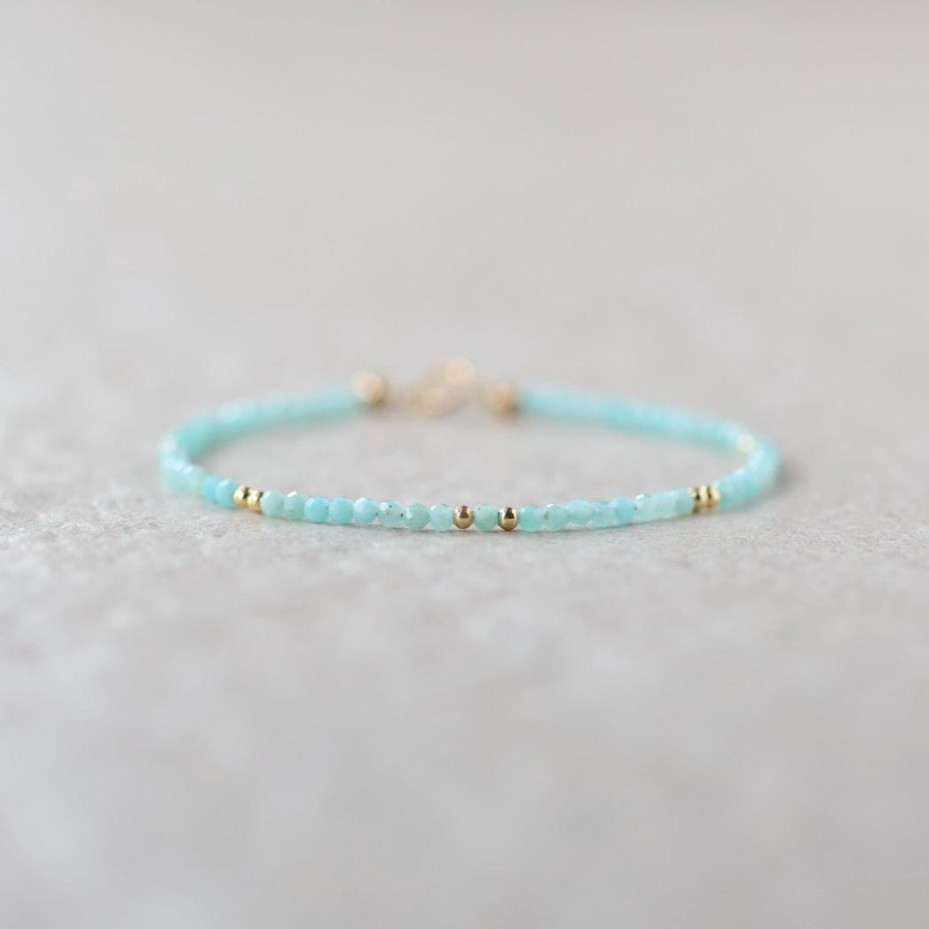 Amazonite Bracelet Dainty Gemstone Beaded Jewelry Blue Crystal Bracelet Trendy Minimalist Bracelet Stacking Birthday Gift Mom Grandma Gift