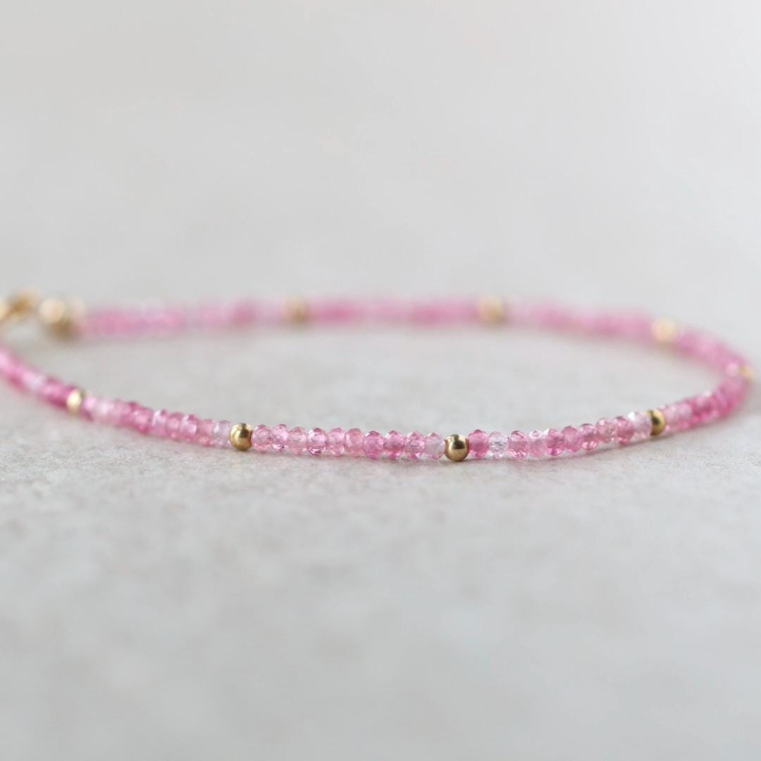 Tiny Pink Tourmaline Bracelet Dainty Gemstone Beaded Bracelet October Birthstone Pink Crystal Jewelry Minimalist Birthday Gift for Mom Wife