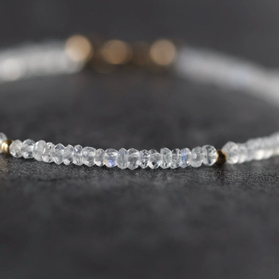 Tiny Rainbow Moonstone Bracelet Dainty Gemstone Beaded Bracelet Minimalist June Birthstone Sparkly Jewelry Gift for Women Bridesmaid Wife