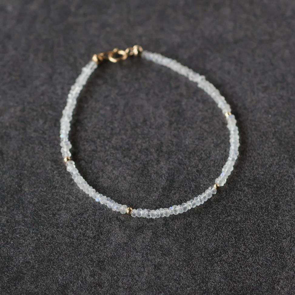 Tiny Rainbow Moonstone Bracelet Dainty Gemstone Beaded Bracelet Minimalist June Birthstone Sparkly Jewelry Gift for Women Bridesmaid Wife