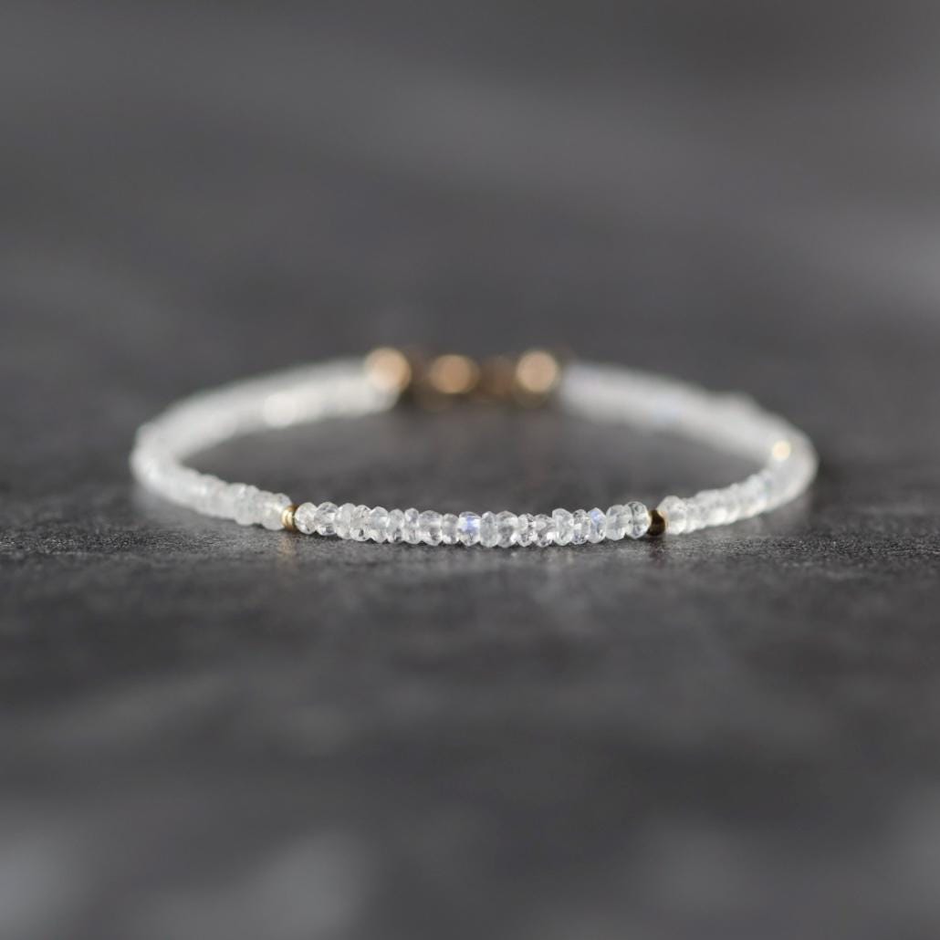 Tiny Rainbow Moonstone Bracelet Dainty Gemstone Beaded Bracelet Minimalist June Birthstone Sparkly Jewelry Gift for Women Bridesmaid Wife