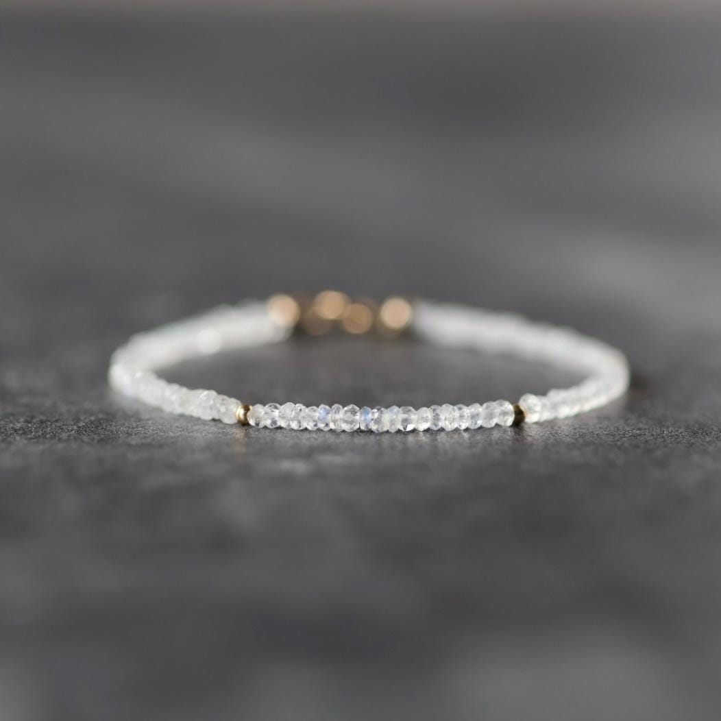 Tiny Rainbow Moonstone Bracelet Dainty Gemstone Beaded Bracelet Minimalist June Birthstone Sparkly Jewelry Gift for Women Bridesmaid Wife