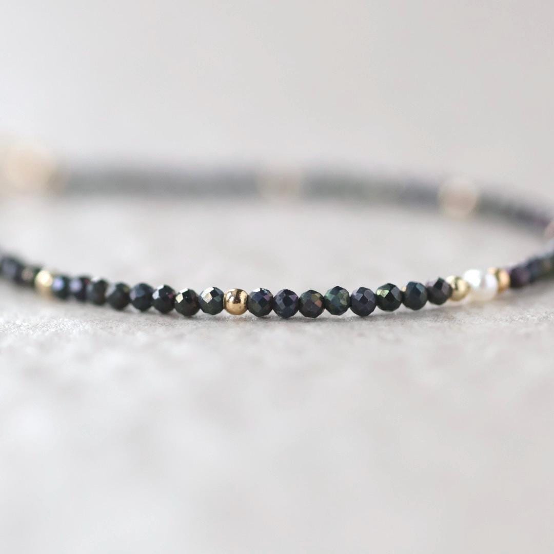 Tiny Mystic Black Spinel Bracelet Dainty Gemstone Beaded Bracelet Sparkly Black Crystal Jewelry Minimalist Birthday Gift Mom Wife Sister