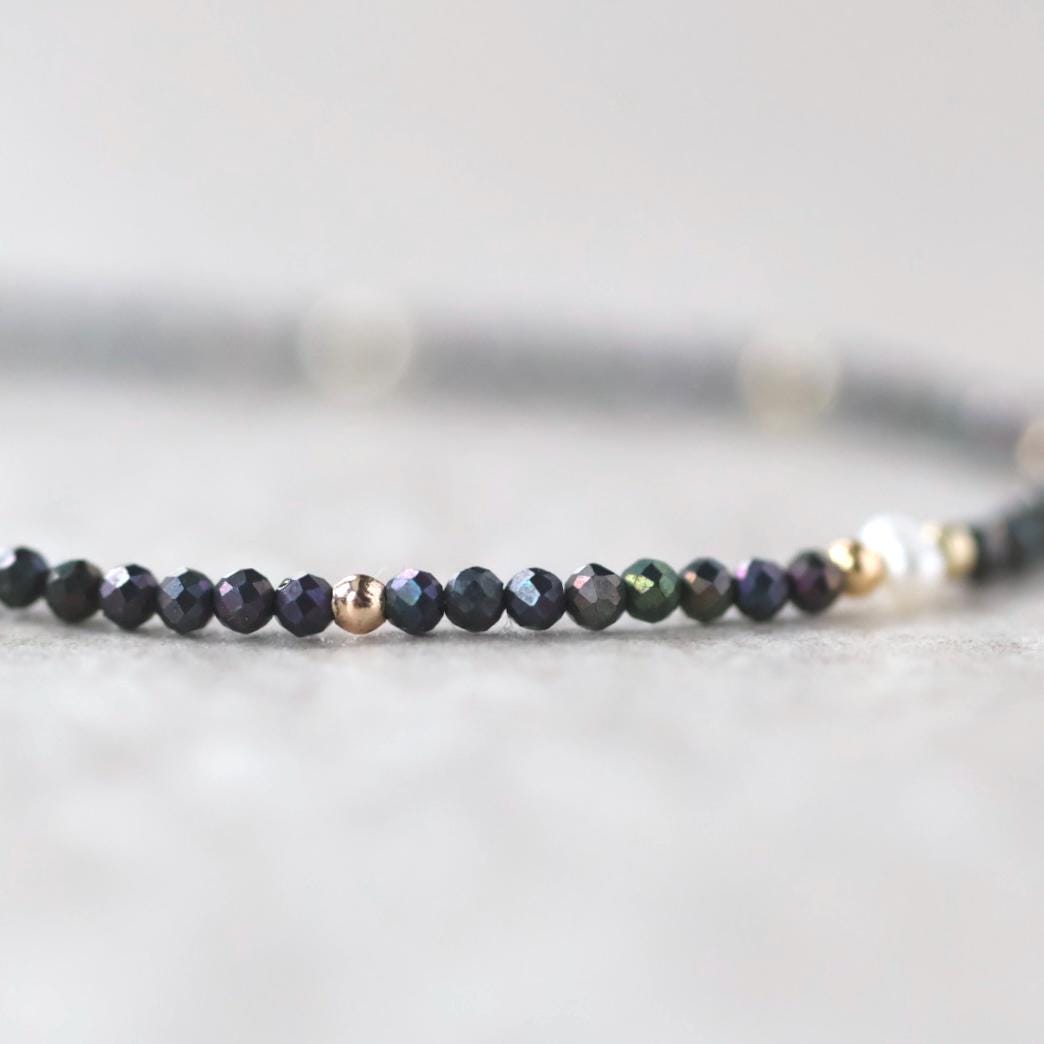 Tiny Mystic Black Spinel Bracelet Dainty Gemstone Beaded Bracelet Sparkly Black Crystal Jewelry Minimalist Birthday Gift Mom Wife Sister