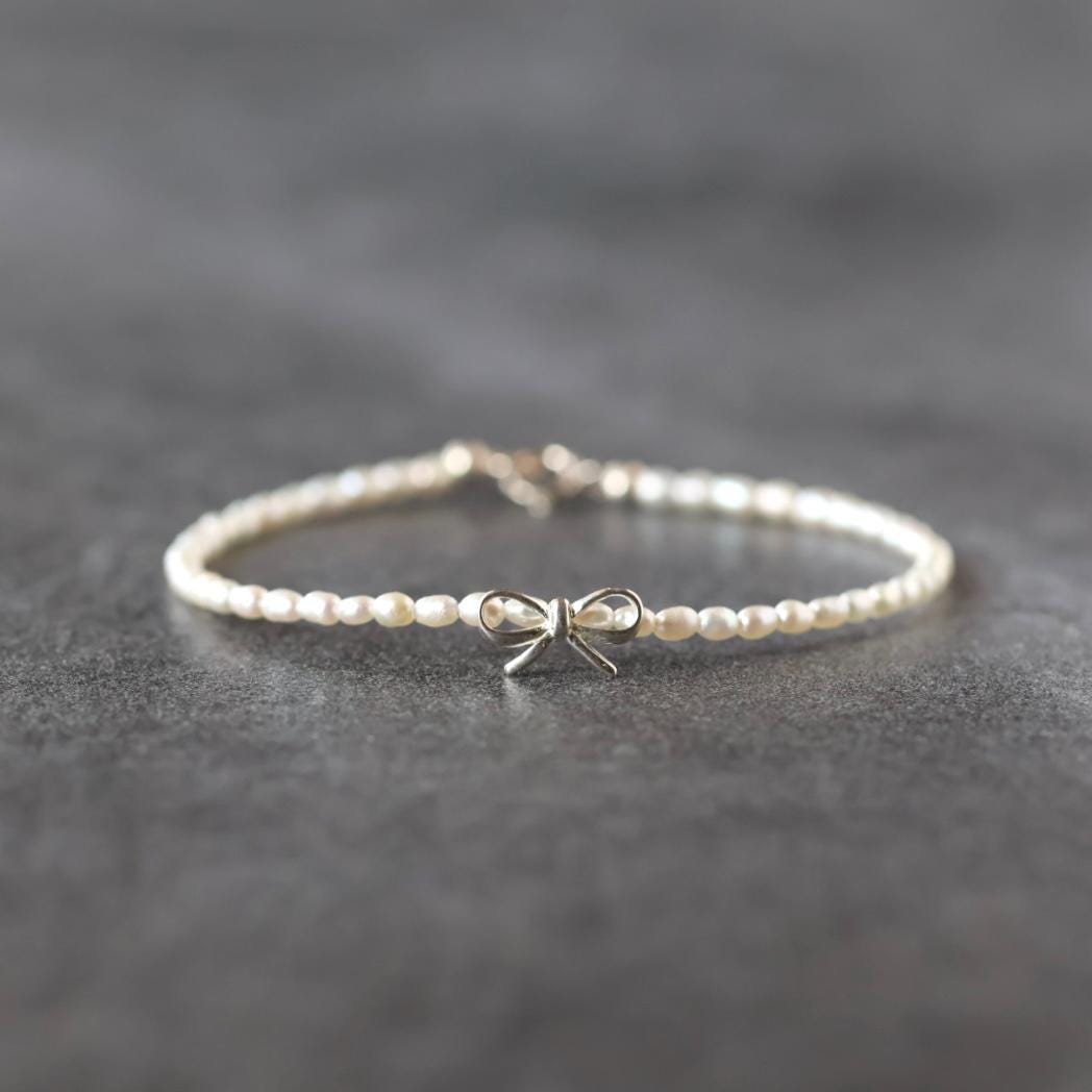 Natural Pearl Bracelet with Silver Bow Charm