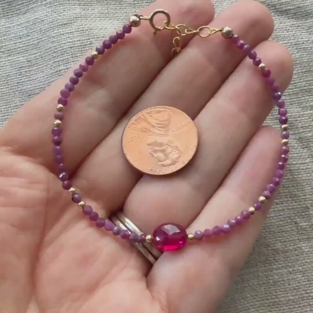 Tiny Ruby Bracelet Dainty Gemstone Beaded Bracelet Pink Crystal Jewelry Minimalist July Birthstone Birthday Gift for Women Mom Wife Daughter