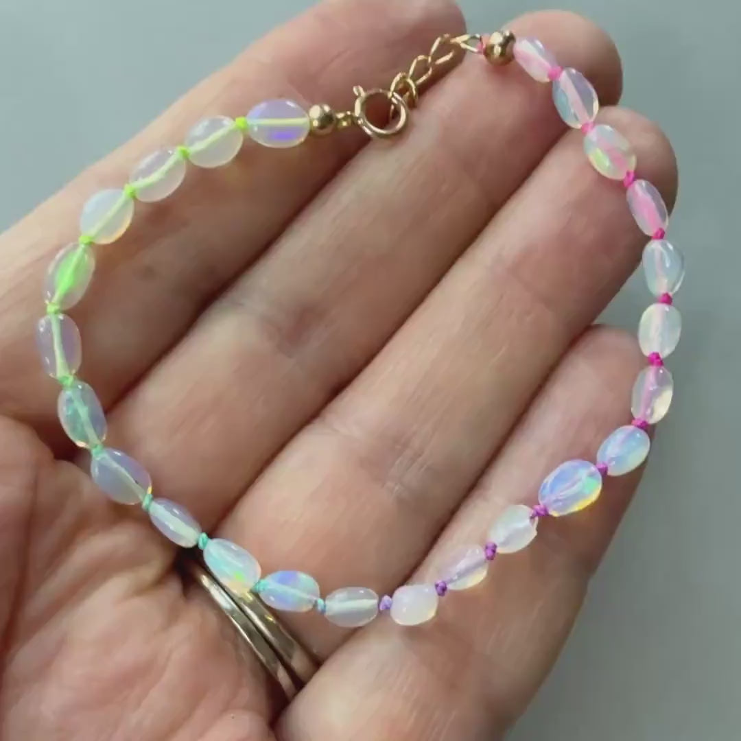 Tiny Opal Knot Bracelet Dainty Rainbow Neon Silk Knotted Jewelry Minimalist Bracelet Crystal October Birthstone Birthday Gift for Women