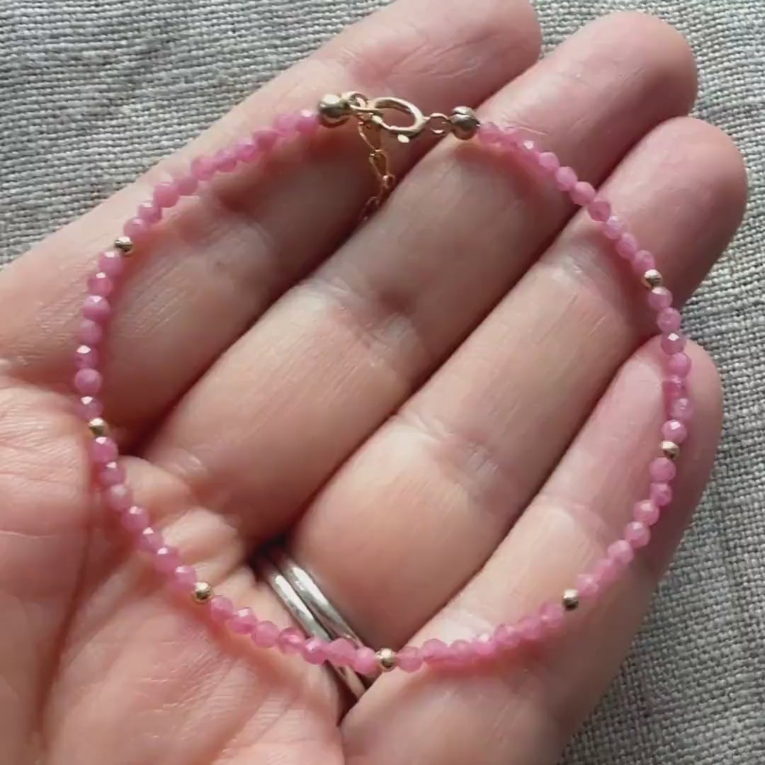 Tiny Rhodonite Bracelet Dainty Gemstone Beaded Bracelet Stacking Pink Crystal Jewelry Minimalist Birthday Gift for Women Mom Wife Daughter