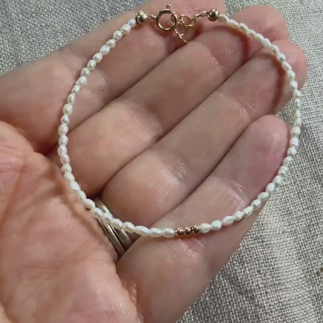 Tiny Pearl Bracelet Dainty Rice Shape Pearl Small Bead Minimalist Freshwater Pearl Jewelry June Birthstone Birthday Gift 30th Anniversary