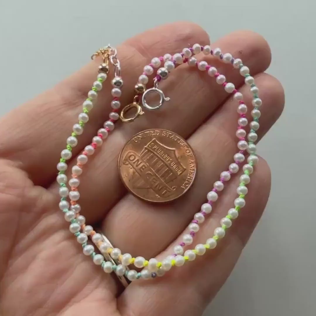 Tiny Pearl Knot Bracelet Dainty Rainbow Neon Silk Knotted Jewelry Minimalist Freshwater Pearl June Birthstone Birthday Gift 30th Anniversary