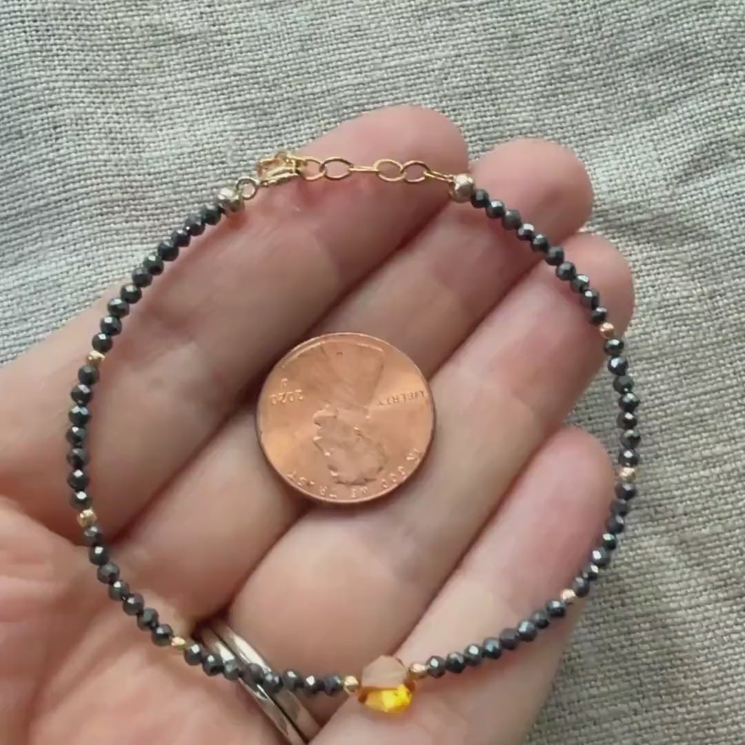 Tiny Hematite Bracelet Dainty Gemstone Beaded Bracelet Madeira Citrine Crystal Jewelry Minimalist Stacking Birthday Gift for Women Daughter