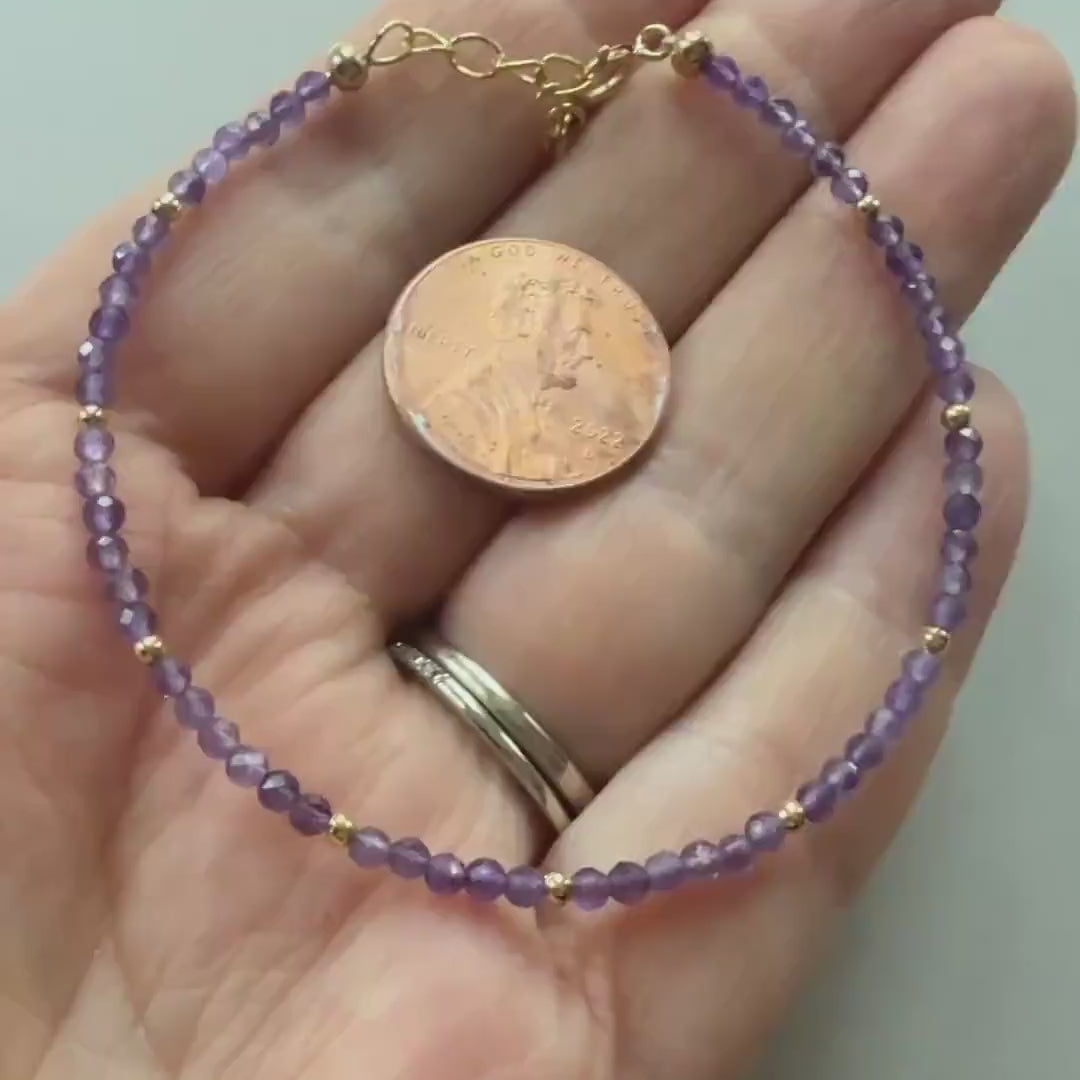Tiny Amethyst Bracelet Dainty Gold Filled Gemstone Beaded Bracelet Purple Crystal Jewelry Boho February Birthstone Birthday Gift Mom Wife