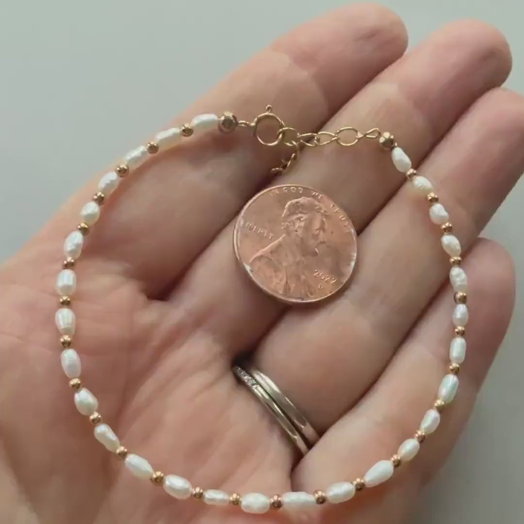 Tiny Pearl Bracelet Dainty Rice Shape Pearl Small Bead Minimalist Freshwater Pearl Jewelry June Birthstone Birthday Gift 30th Anniversary
