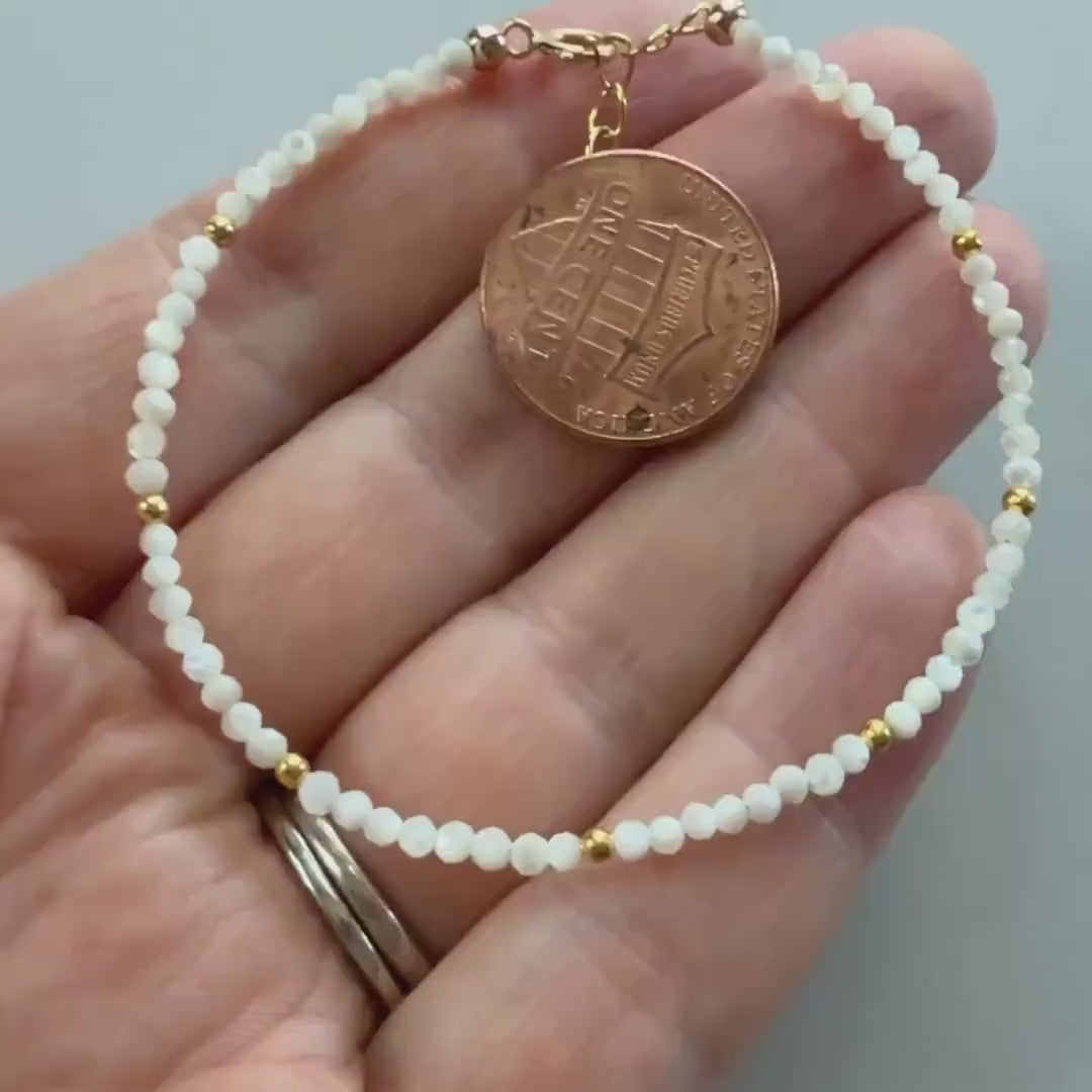 Tiny Mother of Pearl Bracelet Dainty Pearly White Small Bead Minimalist Jewelry Trendy June Birthstone Birthday Gift for Women Bridesmaids