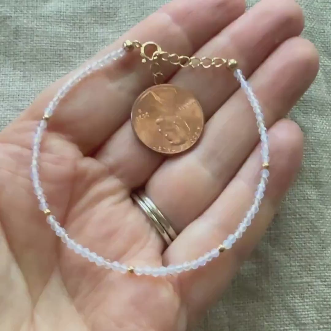 Tiny Opalite Bracelet Dainty Gemstone Beaded Minimalist Opal Jewelry Sparkly October Birthstone Mom Birthday Gift 14th Anniversary Wife Mom