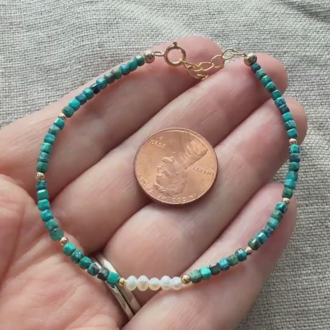 Tiny Chrysocolla Bracelet Pearl Dainty Bracelet Gemstone Beaded Jewelry Minimalist Teal Crystal Bracelet Birthday Gift Mom Wife Gift Sister