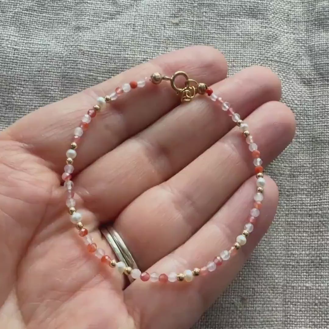 Tiny Carnelian Rose Quartz Pearl Bracelet Dainty Minimalist Jewelry Birthday Abundance Gift Self Love Birthday Gift Christmas Mom Wife Gift