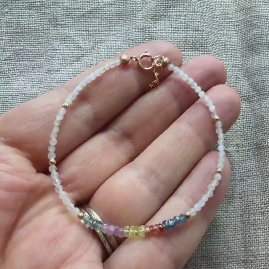 Tiny Multi Sapphire Bracelet Dainty White Moonstone Gemstone Beaded Bracelet Rainbow Jewelry Minimalist September Birthstone Birthday Gift