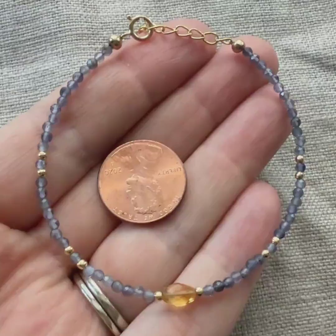 Tiny Iolite Bracelet Dainty Citrine Gemstone Beaded Bracelet Blue Crystal Jewelry Minimalist November Birthstone Birthday Gift for Women