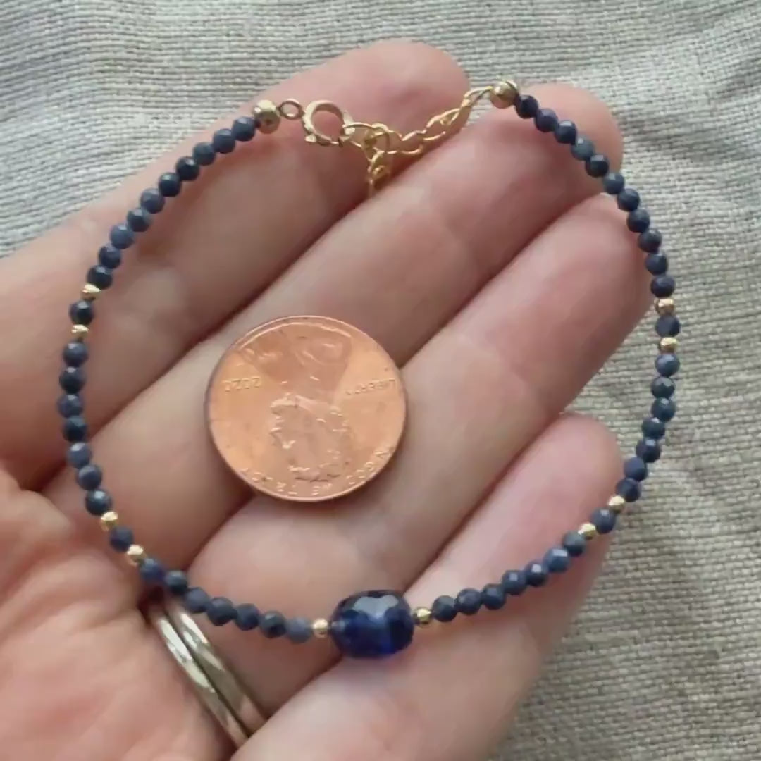 Tiny Blue Sapphire Bracelet Dainty Gemstone Beaded Bracelet Crystal Minimalist Jewelry September Birthstone Gift for Women Wife Daughter