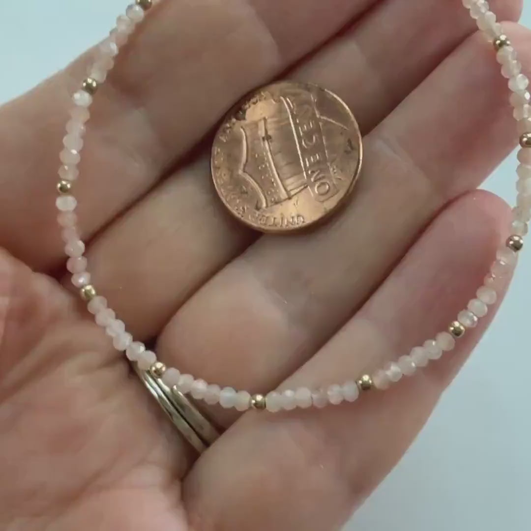 Tiny Peach Moonstone Bracelet Dainty Gemstone Beaded Jewelry Minimalist June Birthstone Birthday Gift for Women Mom Wife Friend Daughter