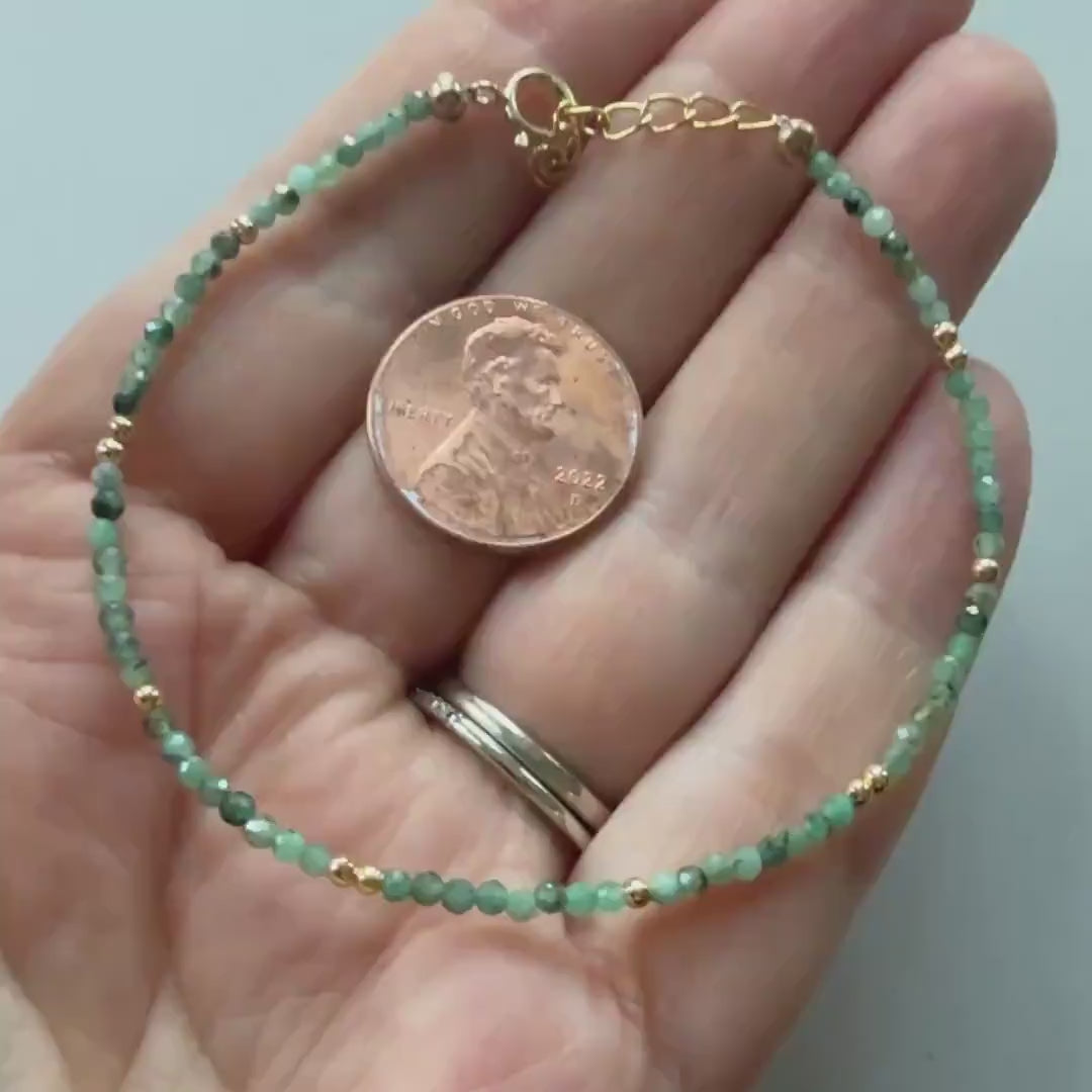 Tiny Emerald Bracelet Dainty Gemstone Beaded Jewelry Green Crystal Bracelet Minimalist May Birthstone Birthday Gift 20th Anniversary Wife
