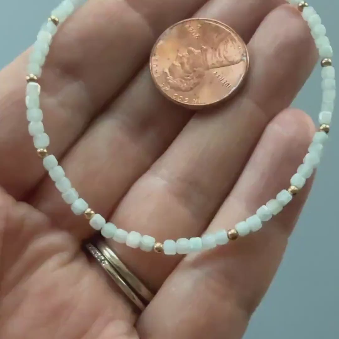 Tiny Amazonite Bracelet Dainty Gemstone Cube Beaded Bracelet Blue Crystal Trendy Minimalist Jewelry Stacking Birthday Gift Mom Grandma Gift