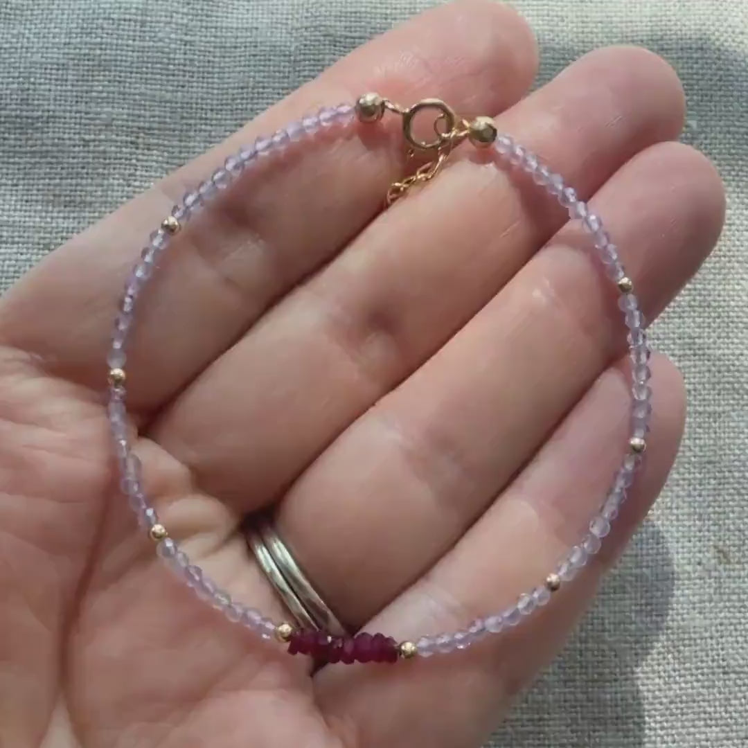 Tiny Pink Amethyst Bracelet Dainty Longido Ruby Gemstone Beaded Bracelet Crystal Jewelry Minimalist February Birthstone July Birthday Gift