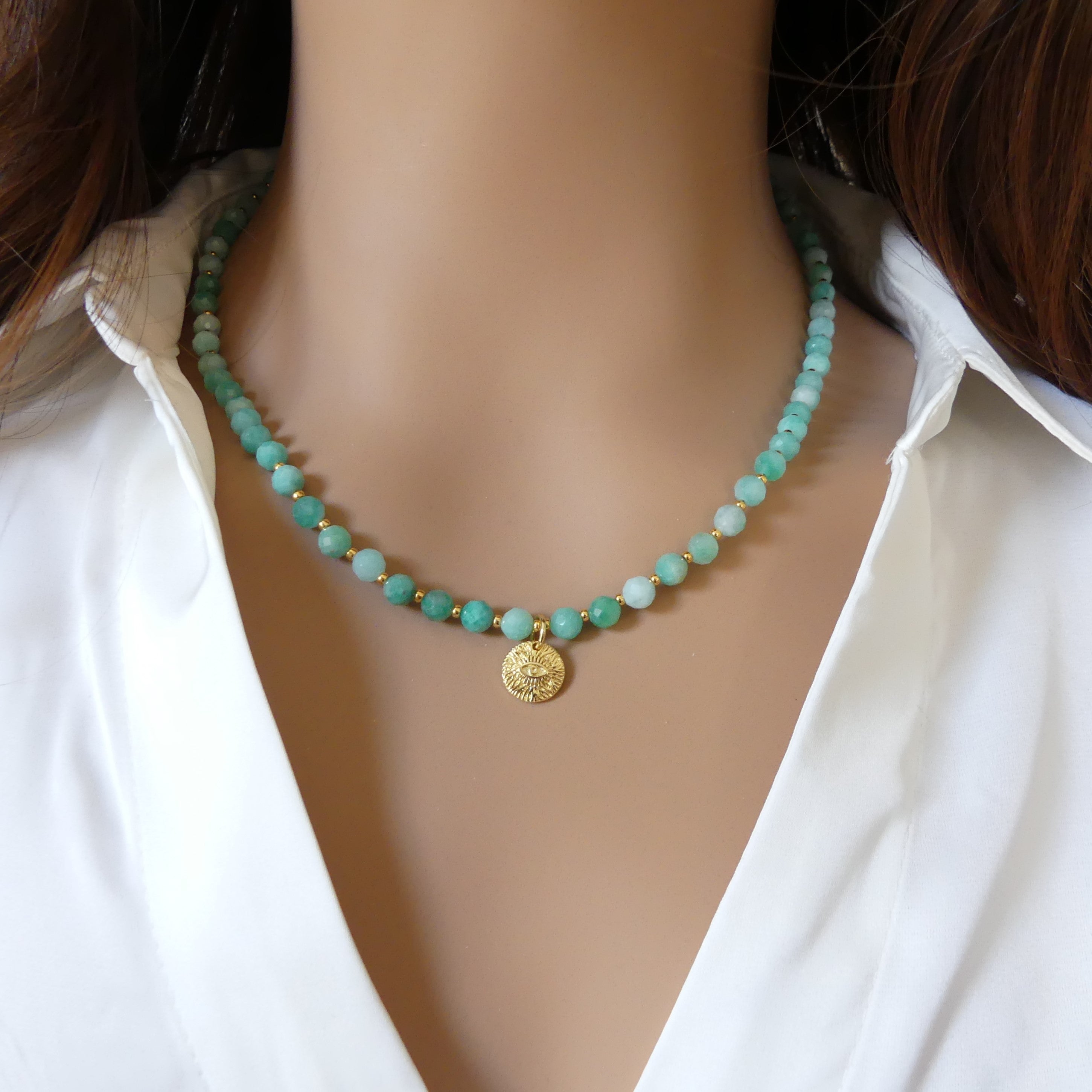 natural emerald beaded statement necklace with evil eye pendant gold filled May birthstone jewelry unique gift meaningful