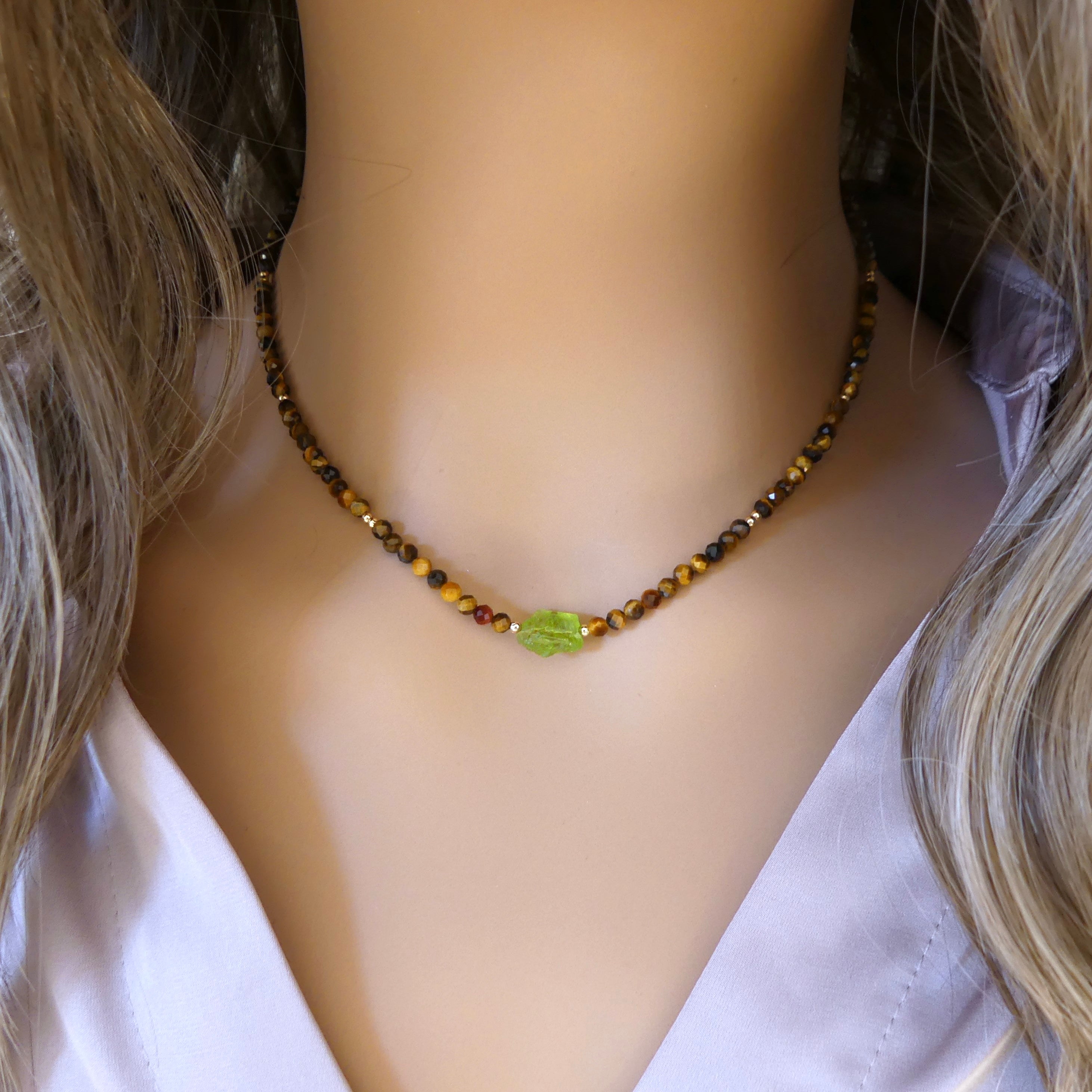 tigers eye raw peridot dainty beaded necklace delicate jewelry meaningful gift unique handmade August birthstone gift