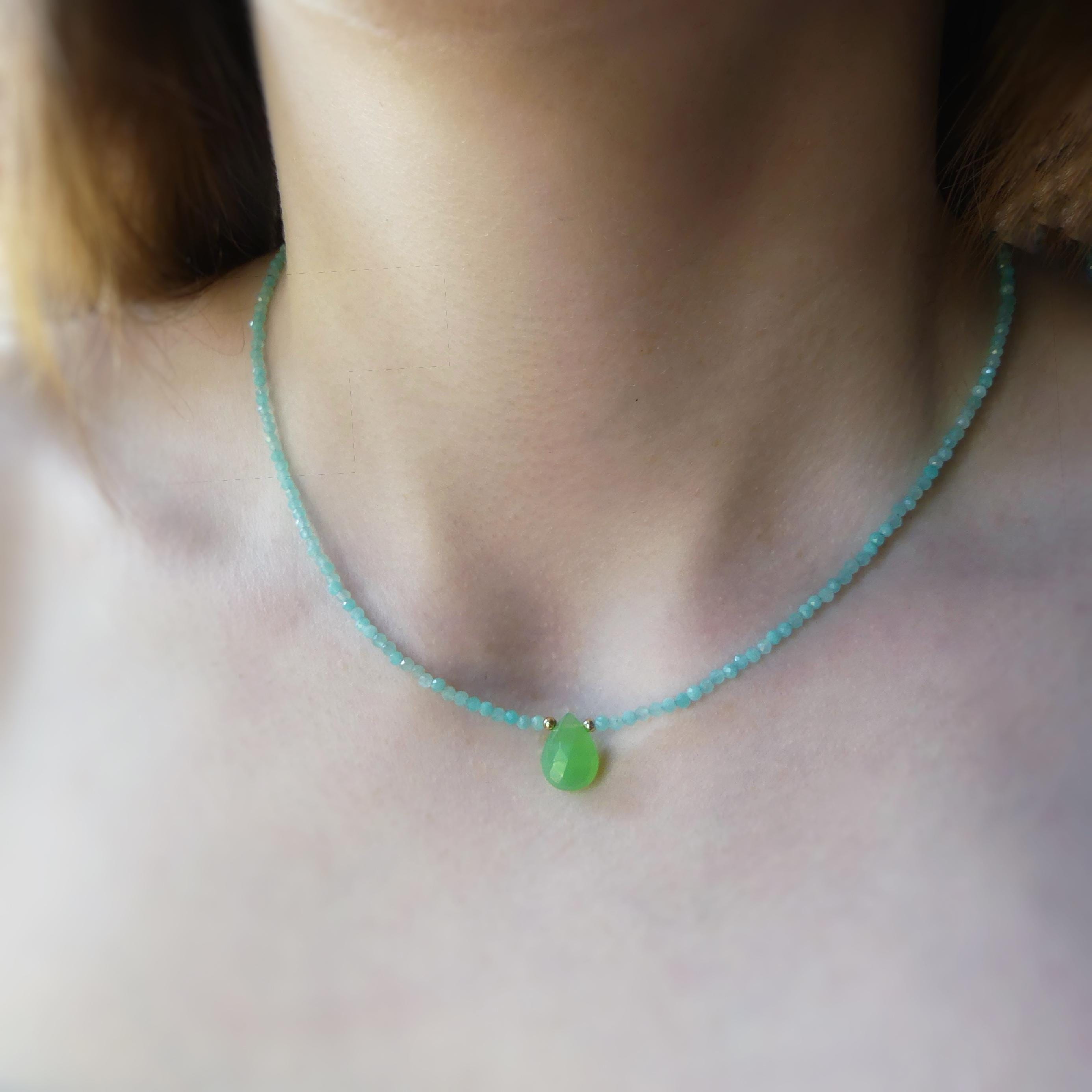 Tiny Amazonite Beaded Necklace with Chalcedony Drop