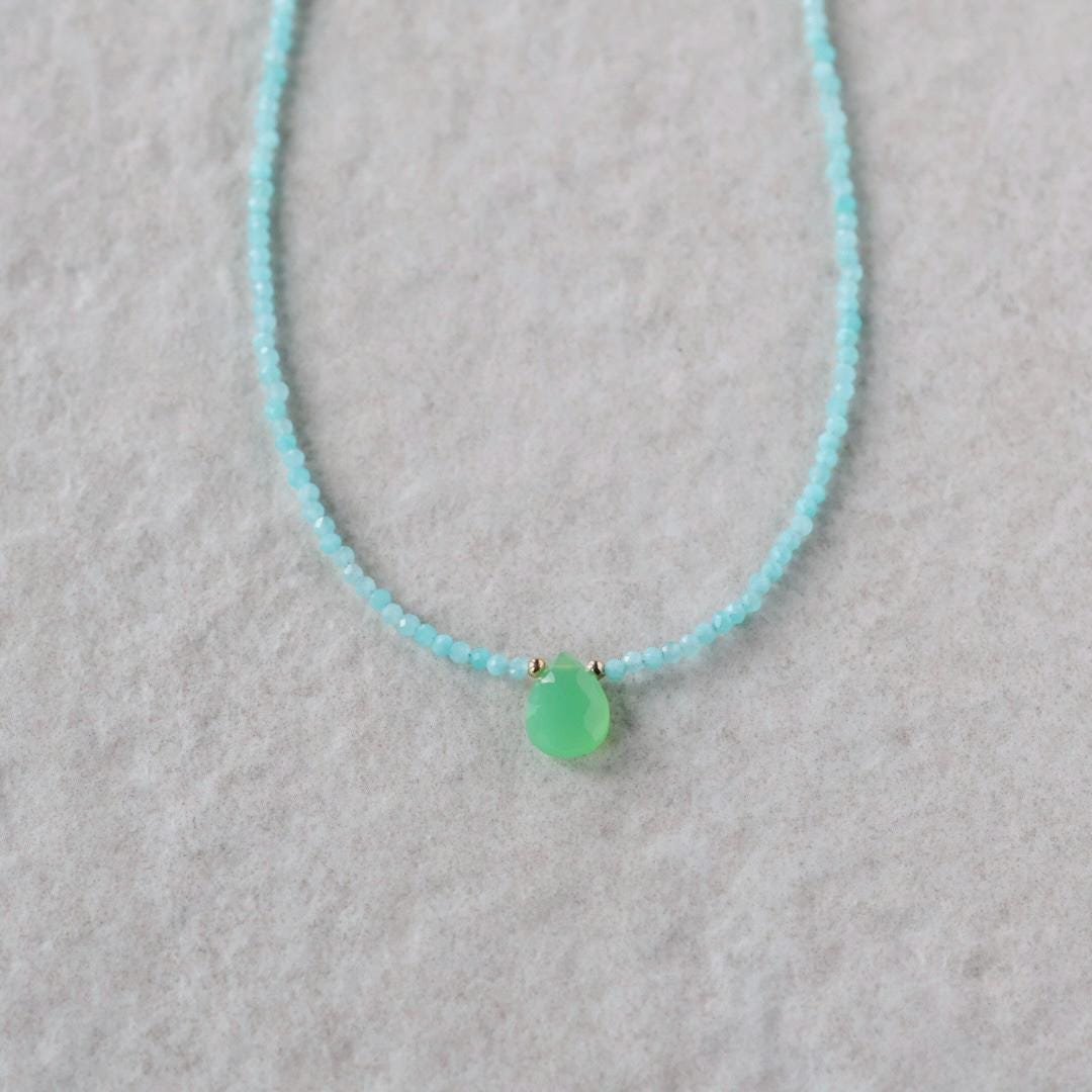 Tiny Amazonite Beaded Necklace with Chalcedony Drop