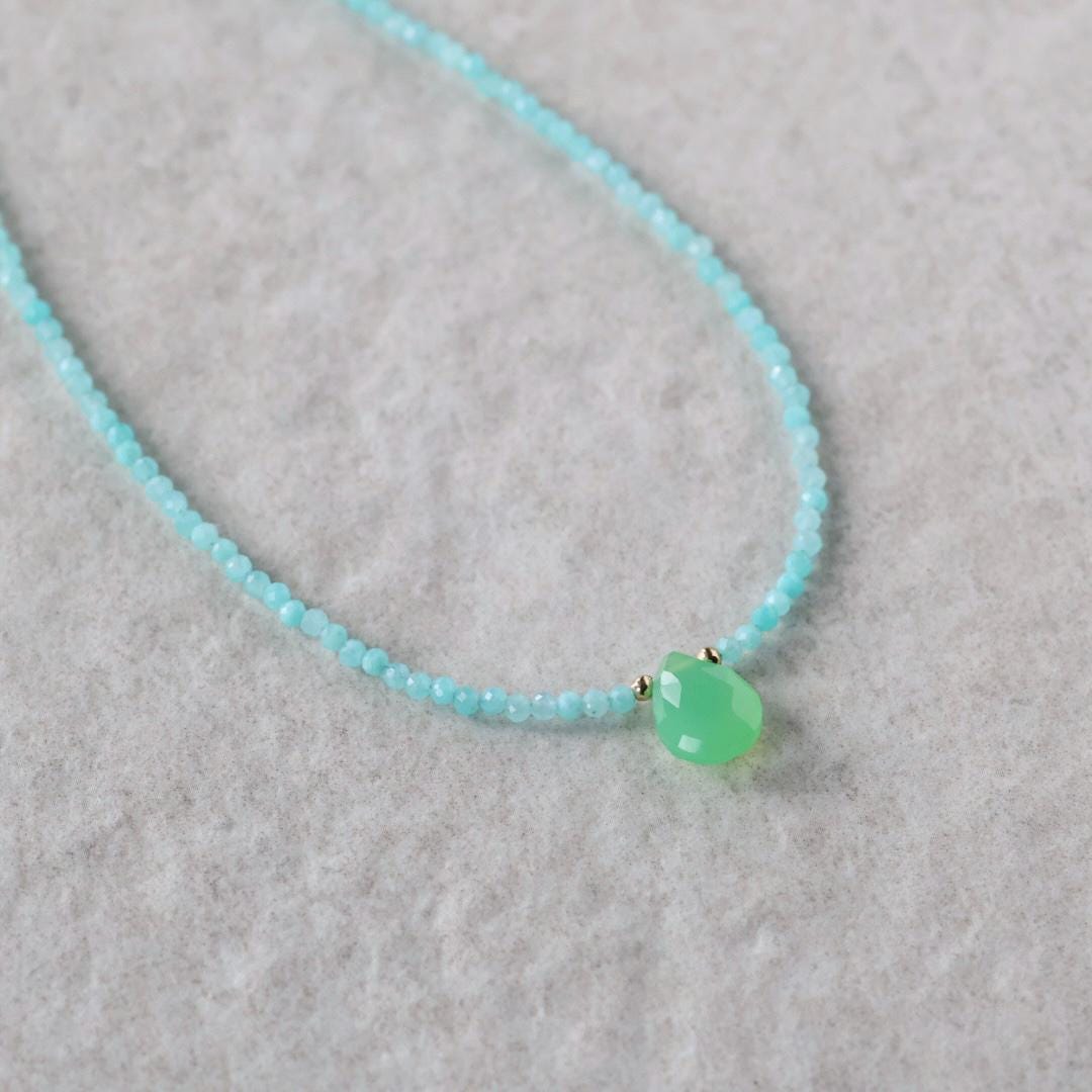 Tiny Amazonite Beaded Necklace with Chalcedony Drop