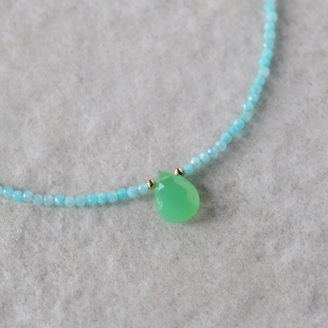 Tiny Amazonite Beaded Necklace with Chalcedony Drop
