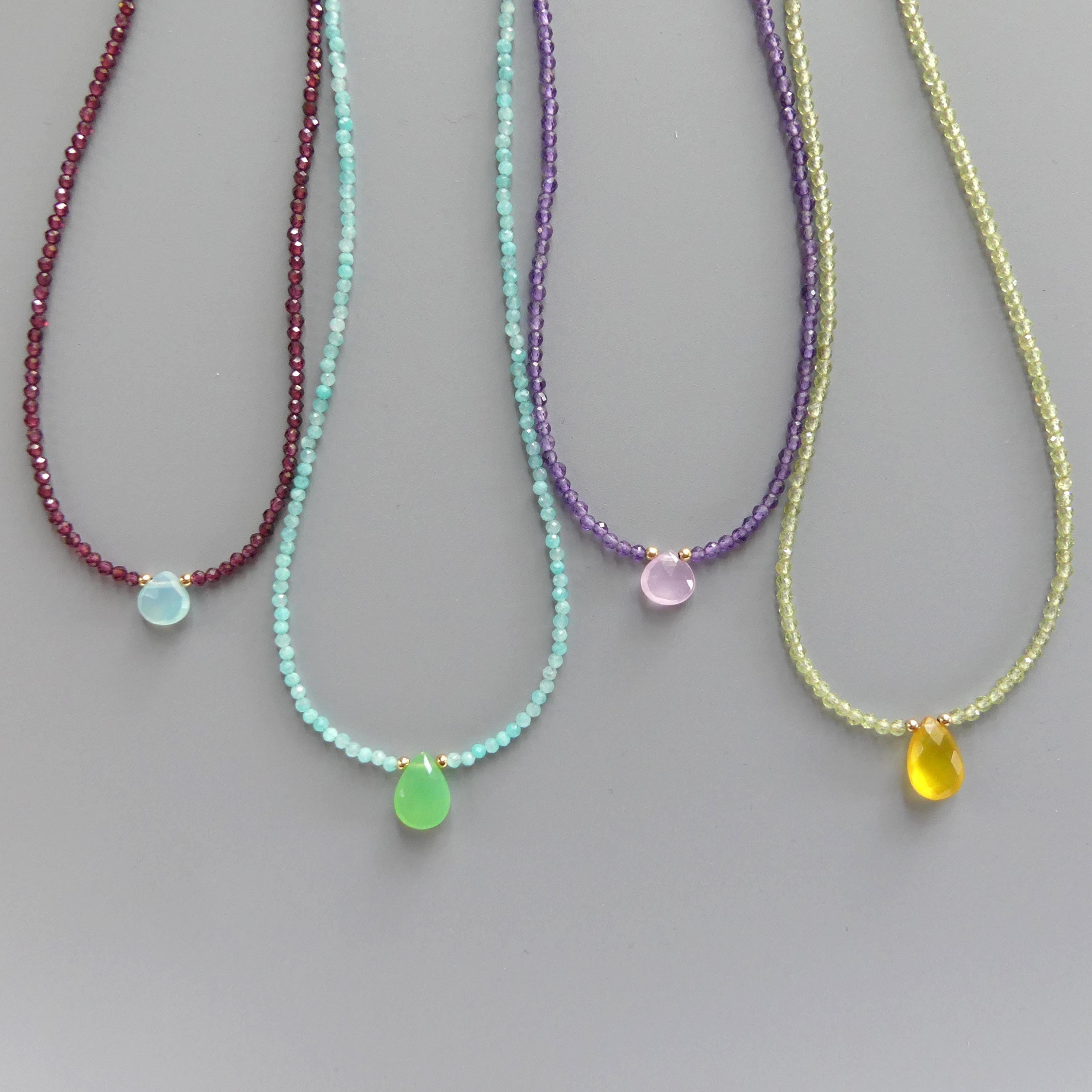 Tiny Amazonite Beaded Necklace with Chalcedony Drop